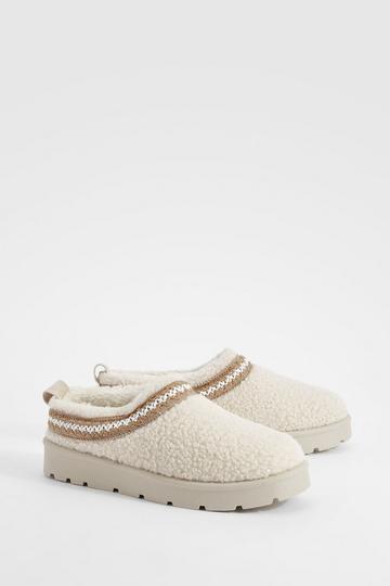 Embroidered Detailing Borg Slip On Cozy Mules beige
