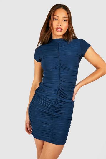 Tall Double Slinky Ruched Front Mini Dress petrol