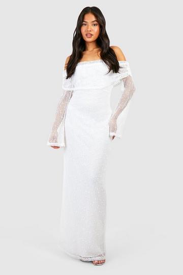 White Petite Textured Knit Off The Shoulder Drape Maxi Dress