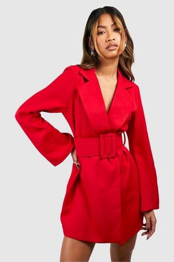 Flared Sleeve Chunky Belt Blazer Dress red