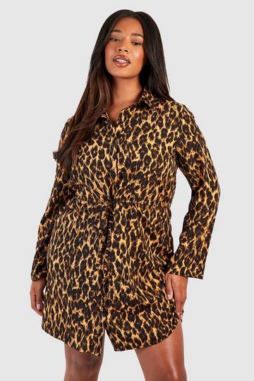 Plus Leopard Drawstring Waist Shirt Dress leopard