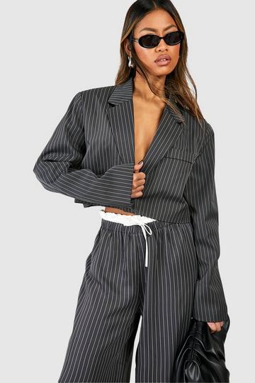 Pinstripe Double Breasted Boxy Crop Blazer charcoal