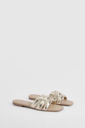 Gold Metallic Metallic Contrast Stitch Woven Mule Sandals