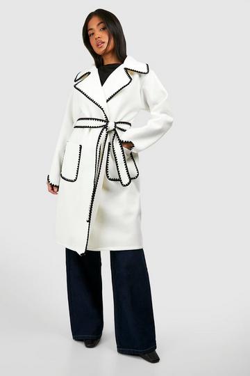 Petite Contrast Stitch Belted Wool Look Coat ivory