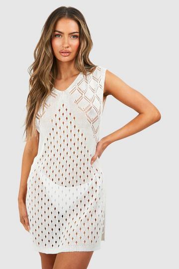 Cream White Crochet Knit Cover-up Beach Dress