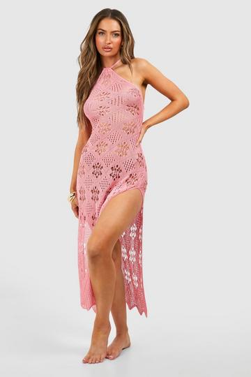 Pink Floral Crochet Halterneck Beach Maxi Dress