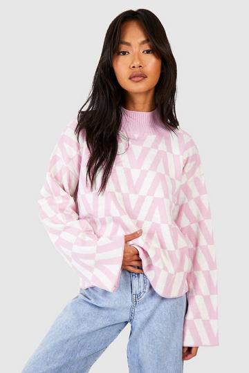 Geo Print High Neck Knitted Sweater pink