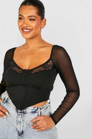 Plus Mesh And Lace Hook And Eye Corset Top black