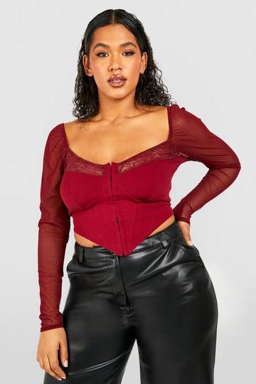 Plus Mesh And Lace Hook And Eye Corset Top merlot