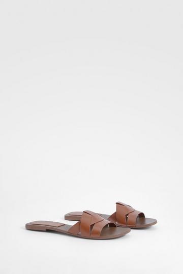 Tan Brown Woven Leather Mule Sandals