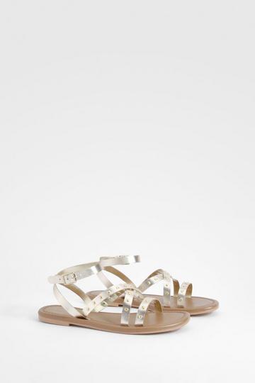 Gold Metallic Wide Fit Leather Studded 2 Part Sandals