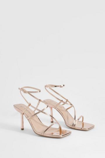 Rose Pink Metallic Square Toe Strappy Mid Height Heels