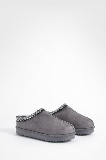 Embroidered Slip On Cosy Mules dark grey