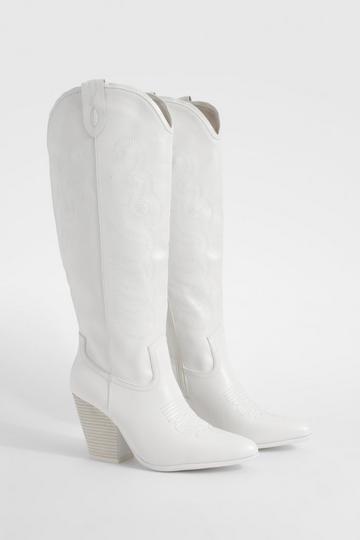 Ecru White Embroidered Knee High Western Cowboy Boots