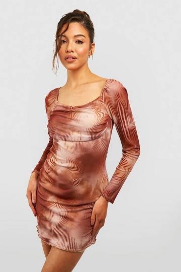 Abstract Print Mesh Long Sleeve Mini Dress brown