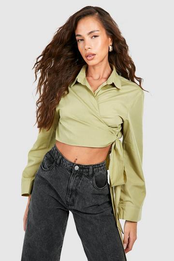 Wide Sleeve Wrap Tie Cropped Shirt olive