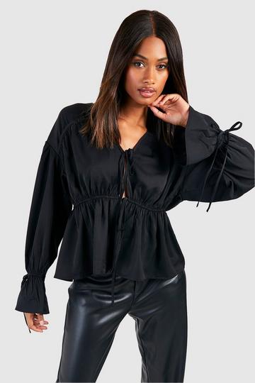Tie Front Frill Sleeve Blouse black