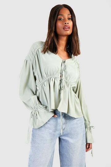 Tie Front Frill Sleeve Blouse sage
