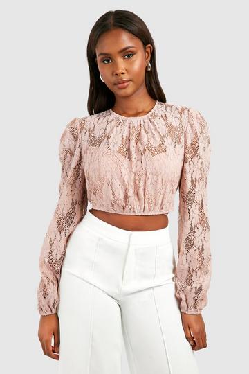 Pink Lace Long Sleeve Crop Top