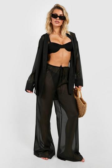 Drawstring Chiffon Beach zip-up Trousers black
