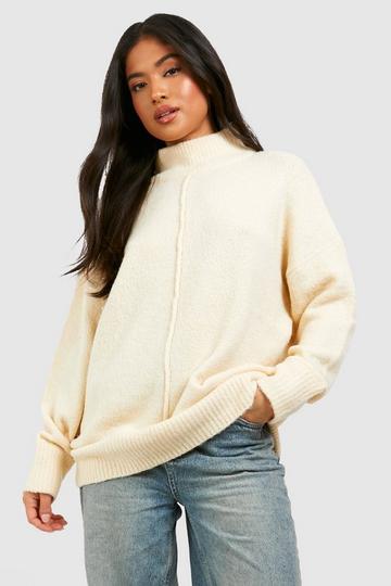 Cream White Petite Seam Detail Turtleneck Sweater