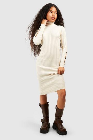 Petite Knitted Roll Neck Midi Dress stone