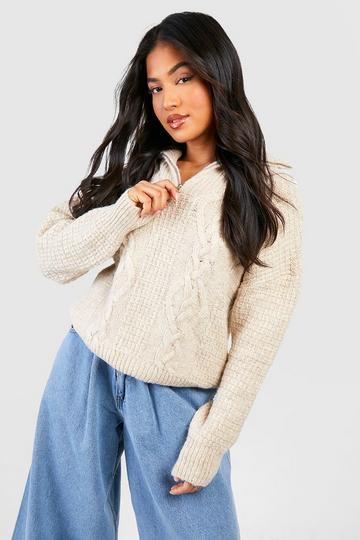 Petite Half Zip Cable Knit Sweater stone