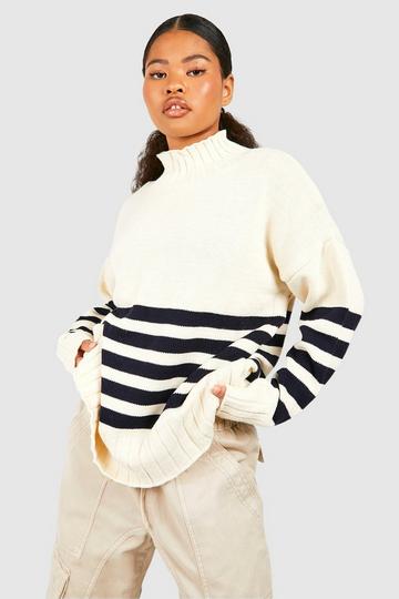 Cream White Petite High Neck Stripe Sweater