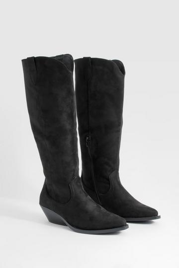 Black Wedged Heel Knee High Cowboy Boots