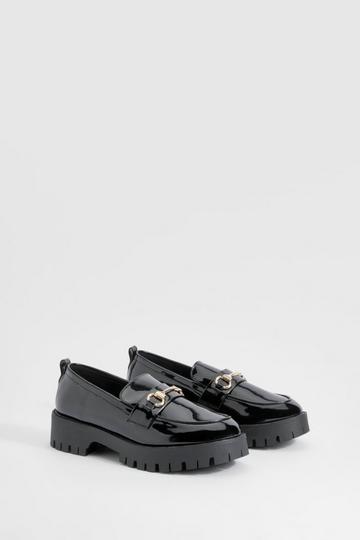 Wide Fit Patent Chunky T Bar Loafers black