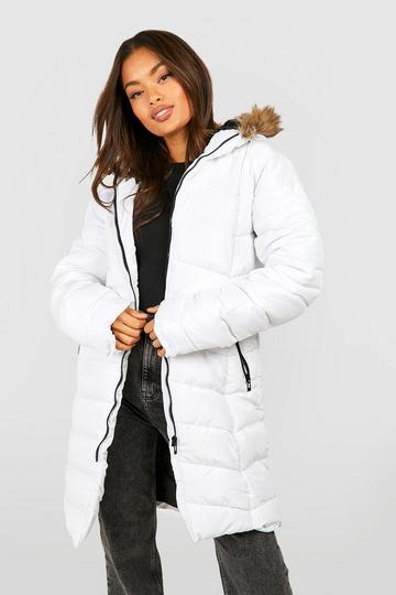 Faux Fur Hooded Panelled Parka Coat white