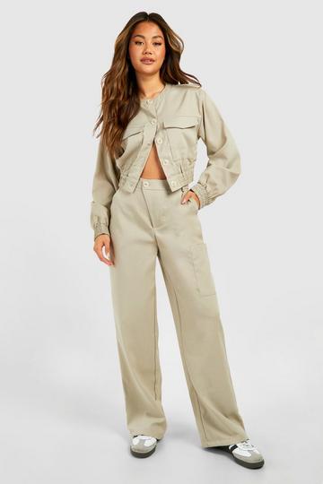 Linen Look Asymmetric Front Relaxed Fit Trousers taupe