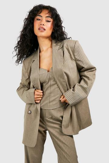 Linen Look Pinstripe Double Breasted Blazer taupe