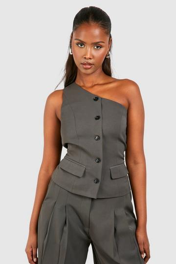 One Shoulder Contrast Button Waistcoat charcoal