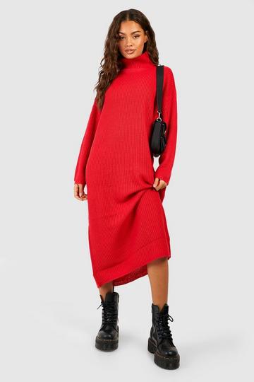 Roll Neck Knitted Midi Dress red