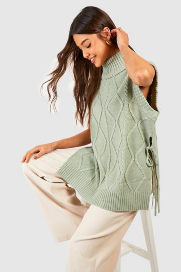 Sage Green Tie Side Cable Knit Turtleneck Tunic