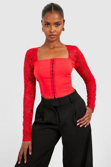 Lace Hook And Eye Corset red