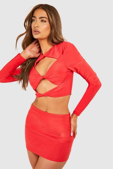 Twist Front Cut Out Long Sleeve Top & Mid Rise Mini Skirt cherry