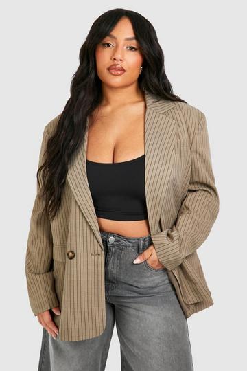 Plus Linen Look Pinstripe Double Breasted Blazer taupe