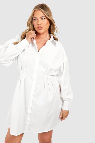 Plus Cinched In Waist Shirt Dress white