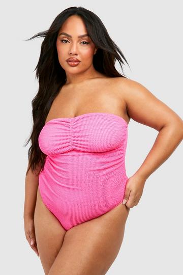 Plus Crinkle Tummy Control Bandeau Ruched Swimsuit pink