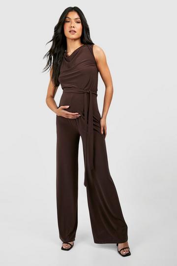 Brown Maternity Cowl Neck Slinky Belted Jumpsuit