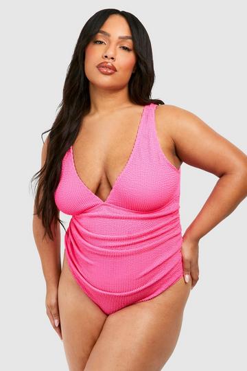 Plus Crinkle Tummy Control Ruched Swimsuit pink
