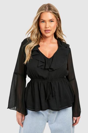 Plus Ruffle Front Flare Sleeve Smock Top black