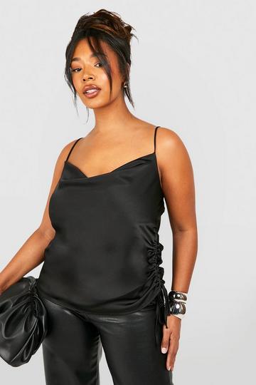 Plus Satin Cowl Ruched Side Cami Top black