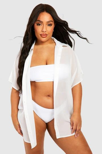 Plus Oversized Short Sleeve Beach Shirt white