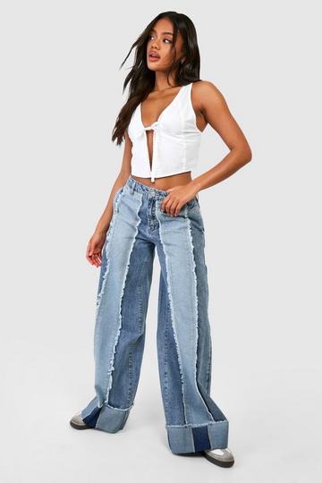 Blue Fray Seam Patchwork Jeans With Turn Up Hem