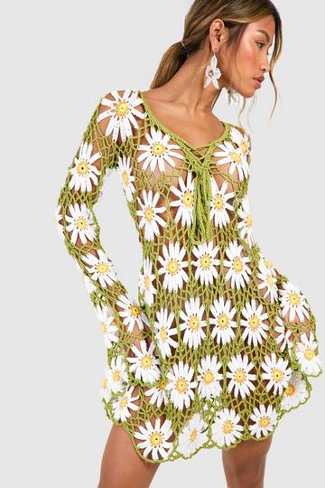 Premium Flower Crochet Mini Dress khaki