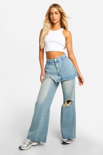 Light Brown Denim Mini Skirt Overlay 2 In 1 Jeans
