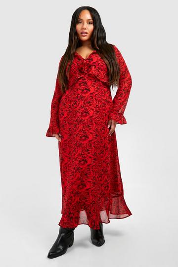 Red Plus Chiffon Printed Smock Dress